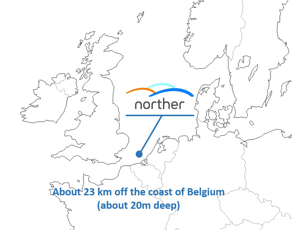 About 23 km off the coast of Belgium (about 20m deep)